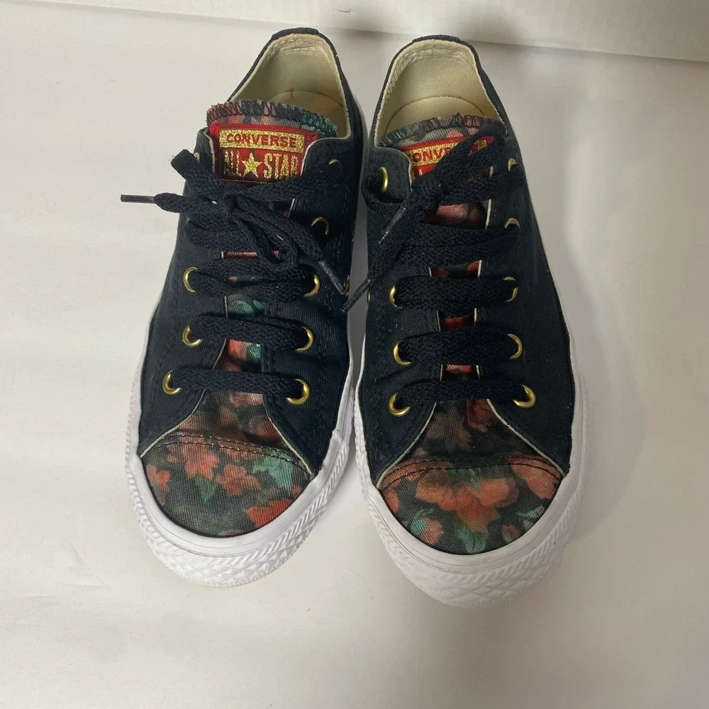 Converse All‎ Star Low Top Youth Size 2 Floral Black Gold Eyelet Sneakers Shoes